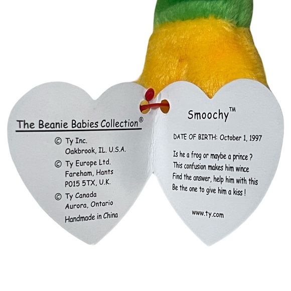 Ty Beanie Babie Green and Yellow 8in 1997 Smoochy Frog - 4039 - Picture 5 of 7